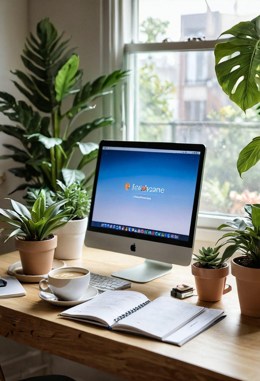 A cozy and inviting home office setting, featuring a laptop with an open email inbox displaying income notifications. A steaming cup of coffee sits beside a planner filled with passive income ideas, surrounded by indoor plants for a refreshing touch. Soft sunlight streams through a window, casting warm light on the scene, enhancing a sense of tranquility and productivity. minimalistic design. vibrant colors. super-realistic.