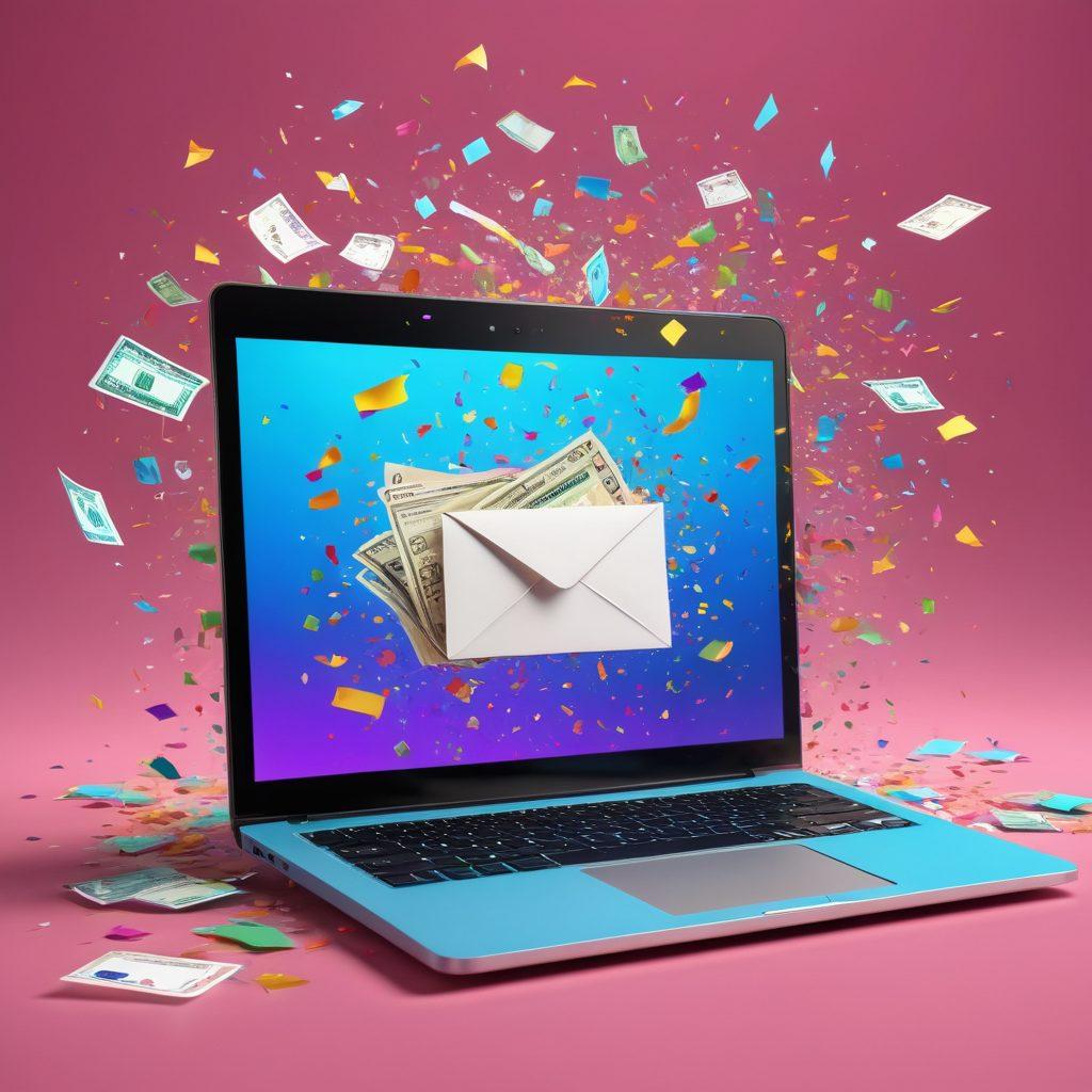 A bustling digital workspace showing a laptop with an overflowing inbox, joyful notifications popping up. Wads of cash and rewards floating around, symbolizing earning money. Include envelopes bursting with colorful confetti, representing excitement in email reading. A motivational quote about earning from emails floats across the scene. vibrant colors. 3D.