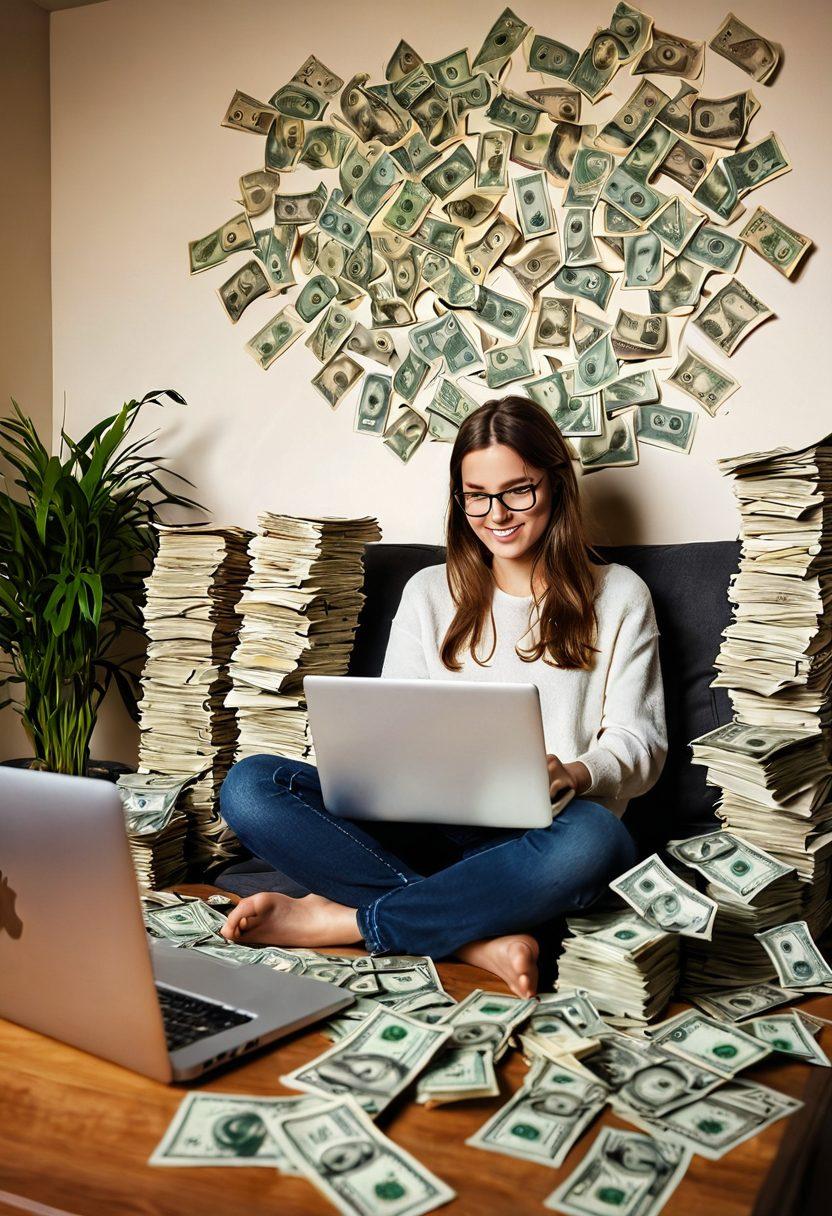 A cozy home office with a person happily reading emails on a laptop, surrounded by stacks of cash and coins symbolizing income. The background features an overflowing inbox metaphorically transforming into dollar bills, depicting the concept of earning money through email. Warm lighting creates a welcoming atmosphere. super-realistic. vibrant colors. soft focus.